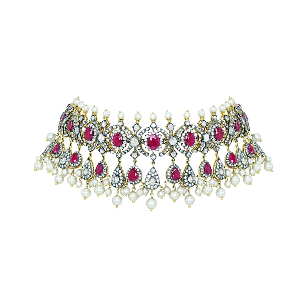 Antique-Finish Choker with Ruby, Diamonds, Polki Clusters, and Pearl Drops